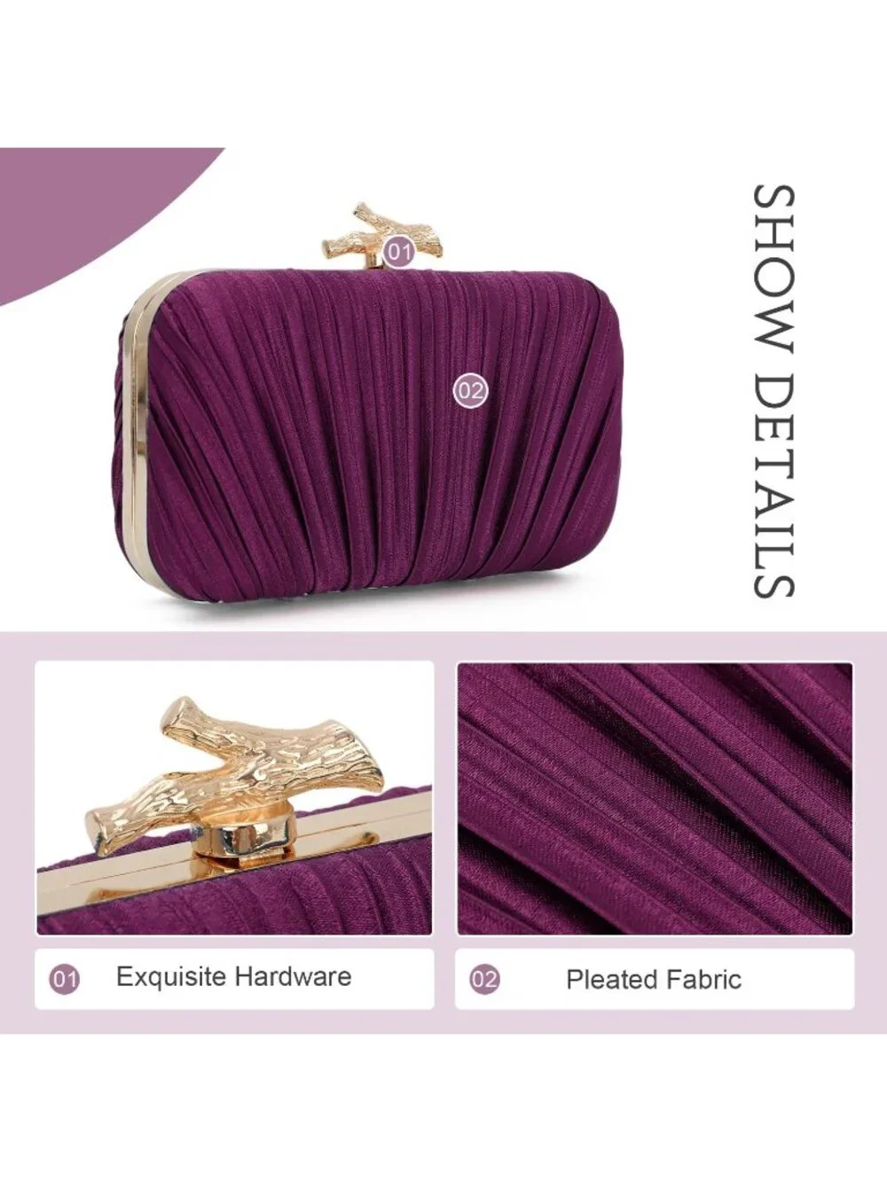 👜 Women's Purple Evening Bag Pleated Clutch Bag with Chain for Wedding Party